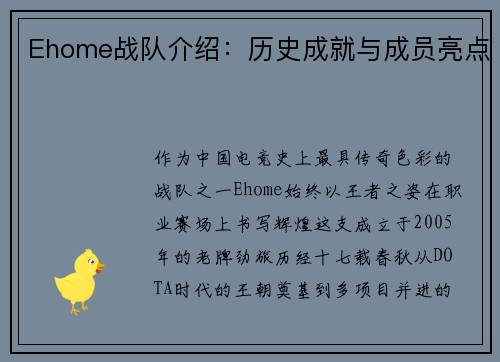 Ehome战队介绍：历史成就与成员亮点