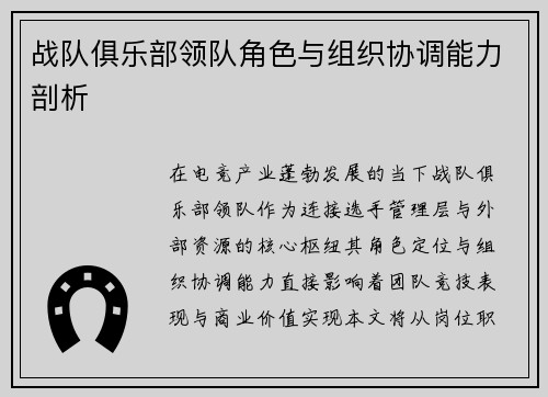 战队俱乐部领队角色与组织协调能力剖析