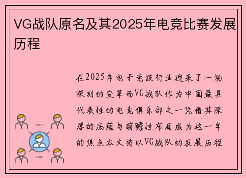 VG战队原名及其2025年电竞比赛发展历程
