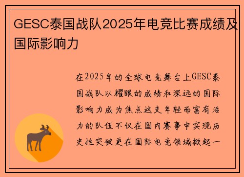 GESC泰国战队2025年电竞比赛成绩及国际影响力